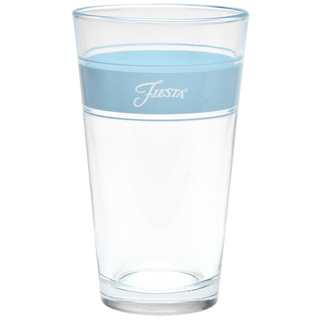 The 16 oz. Fiesta® Frame Cooler Sky by Moderne Glass, sold as a set of 4, features clear glass with a light blue band and "Fiesta" printed on it, and is shown empty against a plain white background.