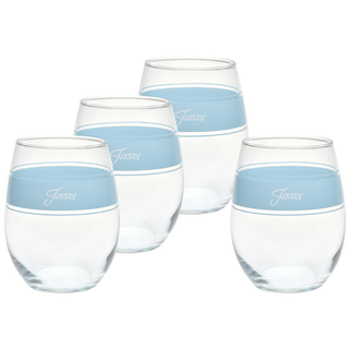 The 15 oz. Fiesta® Frame Stemless Wine Sky set by Moderne Glass includes four clear glasses, each with a wide light blue band and "Fiesta" logo. Arranged in two rows on white, these are proudly made in the USA.