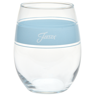 The 15 oz. Fiesta® Frame Stemless Wine Sky – Set of 4 by Moderne Glass features clear, stemless glasses with a thick light blue band near the rim and "Fiesta" in white script. Part of Fiesta Dinnerware, they’re made in the USA.