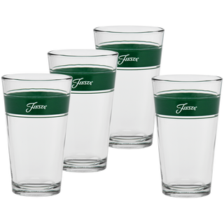 Set of four 16 oz. Moderne Glass Fiesta® Frame Cooler Jade glasses, each featuring a thick green band with "Fiesta" in white, arranged in a slight curve against a white background. Part of the iconic Fiesta Dinnerware collection.