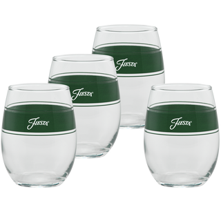 Set of four 15 oz. Moderne Glass Fiesta® Frame Stemless Wine Jade glasses, each with a thick green band and "Fiesta" in white script near the rim. Part of Fiesta Dinnerware, made in the USA. Arranged in two rows on a white background.