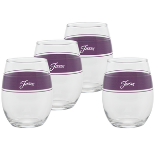 The Retired 15 oz. Fiesta® Frame Stemless Wine Mulberry set by Moderne Glass includes four glasses, each with a wide purple band and "Fiesta" in white—perfect for adding festive style to your table. Set of 4 shown on a white background.