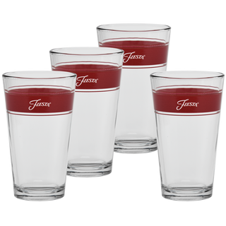 The 16 oz. Fiesta® Frame Cooler Scarlet set by Moderne Glass includes four glasses, each with a bold red stripe and "Fiesta" in white script, coordinating perfectly with Fiesta Dinnerware and proudly made in the USA.