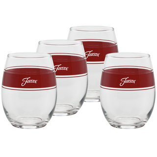 Set of four 15 oz. Fiesta® Frame Stemless Wine Glasses in Scarlet by Moderne Glass, featuring a thick red band with "Fiesta" in white script, arranged in two rows on a white background. Made in the USA.