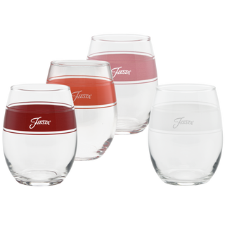 The Moderne Glass Sunset Horizon 15 oz. Frame Stemless Wine Glass Set includes four glasses, each with a colored band—red, orange, pink, or clear—and "Fiesta" printed on it. Part of Fiesta Dinnerware and proudly made in the USA.