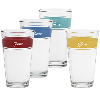 The Moderne Glass Vibrant 16 oz. Frame Cooler set includes four clear glasses, each featuring a red, blue, teal, or yellow band and logo near the rim—perfect for colorful, lively table settings.