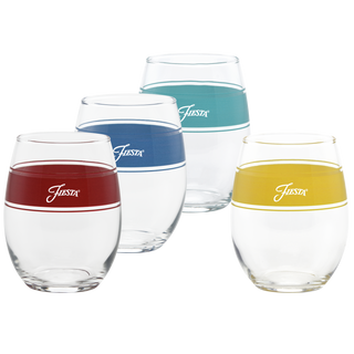 The Moderne Glass Vibrant 15 oz. Frame Stemless Wine Glass Set includes four USA-made glasses, each with a colored band in red, blue, teal, or yellow near the top and "Fiesta" printed in white—a lively addition to your table.