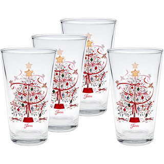 Set of four Moderne Glass Holly Berry Christmas Tree 16 oz. cooler glasses, each with a festive tree design—ideal for holiday entertaining.