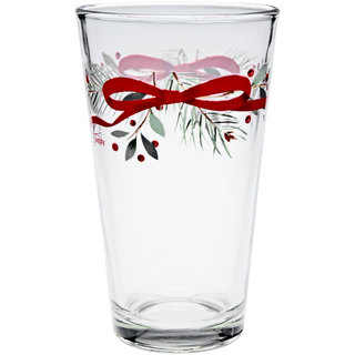 The Moderne Glass Holly Berry Christmas Garland 16 oz. Cooler Glass set of 4 features clear glasses adorned with a festive red ribbon, green pine needles, and red berries near the rim. Made in USA.