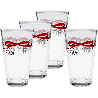The Moderne Glass Holly Berry Christmas Garland 16 oz. Cooler Glass Set includes 4 clear glasses, made in the USA, each decorated with painted red bows, green pine needles, and small red berries near the top rim.