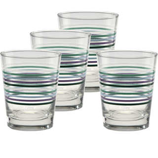 A set of four Moderne Glass Fiesta Lavender Bloom Thin Stripe 15 oz. Tapered Double Old Fashion glasses features horizontal green, blue, and purple stripes, and is arranged in a staggered group against a white background. Made in the USA.