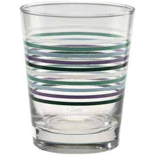 The Moderne Glass Fiesta Lavender Bloom Thin Stripe 15 oz. Tapered Double Old Fashion Set of 4 features USA-made glasses with green, blue, and purple stripes around the top and a thick clear base, inspired by Fiesta Dinnerware.