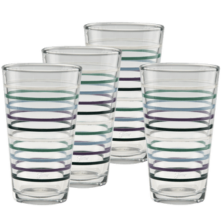 A set of four 16 oz. Fiesta Lavender Bloom Thin Stripe Cooler Glasses by Moderne Glass are arranged in two rows against a white background, featuring tall, cylindrical shapes with blue, green, and purple horizontal stripes.