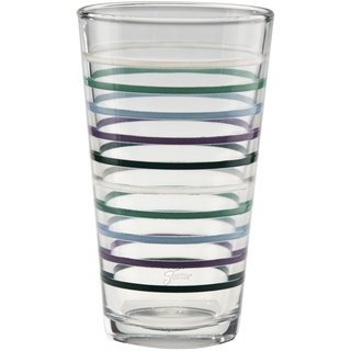 A 16 oz. Fiesta Lavender Bloom Thin Stripe Cooler Glass by Moderne Glass, decorated with blue, green, and purple stripes, filled with water. Sold as a set of 4. Made in the USA.