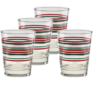 Four Moderne Glass Fiesta Christmas Thin Stripe 15 oz. Tapered Double Old Fashion glasses, featuring red, green, and white stripes around the upper half, are arranged in a staggered row on a plain white background.