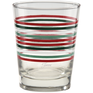 The Fiesta Christmas Thin Stripe 15 oz. Tapered Double Old Fashion Glass Set by Moderne Glass features clear glasses with evenly spaced red, white, and green stripes around the middle. Part of the vibrant Fiesta Dinnerware collection. Set of 4.