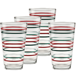 A set of four 16 oz. Fiesta Americana Thin Stripe Cooler Glasses by Moderne Glass, featuring red and green horizontal stripes, arranged in a staggered formation against a white background; made in the USA.