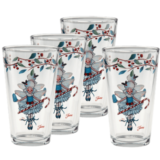 Set of four 16 oz. Nutcracker Sugar Plum Fairy cooler glasses by Moderne Glass, each featuring whimsical holiday fairies with candy canes and borders of red berries and green leaves around the top.