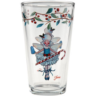 The Moderne Glass Nutcracker Sugar Plum Fairy 16 oz. Cooler Glass Set of 4 features a festive blue fairy with a candy cane and berry garland—ideal for Christmas dinnerware or your Fiesta Nutcracker Collection.