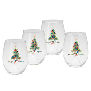 The Moderne Glass 15 oz. Fiesta® Christmas Tree Stemless Wine Set includes 4 glasses, each with a colorful tree and “Joy” design, bringing festive style to your table. Inspired by Fiesta Dinnerware and made in the USA.