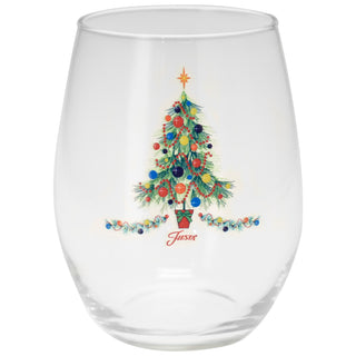 Celebrate the season with this 15 oz. Fiesta® Christmas Tree Stemless Wine Glass Set of 4 by Moderne Glass, featuring a festive tree with ornaments, "Joy" below, and proudly made in the USA—perfect for your holiday gatherings.