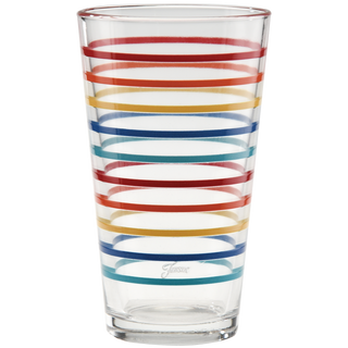The 16 oz. Fiesta Vibrant Thin Stripe Cooler Glass Set by Moderne Glass features clear glasses with evenly spaced red, yellow, blue, and orange stripes inspired by Fiesta Dinnerware. Made in the USA, this set includes four high-quality tumblers.