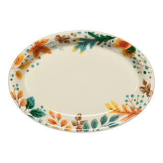 The Fiesta Autumn Fields 13 5/8 Inch Large Oval Serving Platter features a cream base with colorful autumn leaves and botanical patterns in orange, yellow, green, and brown around the rim. Made in USA and dishwasher safe for easy cleaning.