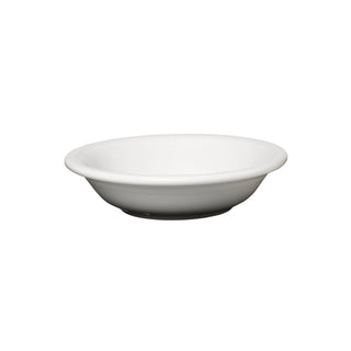 The Fiesta Fruit Bowl 6 OZ is a plain, round, white ceramic bowl with a wide rim. Made from lead-safe china and microwave safe, it’s shown against a white background.