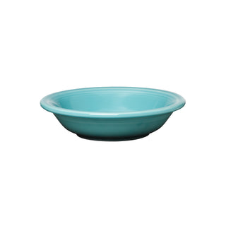 The Fiesta Fruit Bowl 6 OZ in turquoise, crafted from lead-safe china with a wide rim and shallow depth, is shown against a white background.