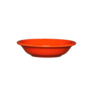 The Fiesta Fruit Bowl 6 OZ in poppy is a bright orange, shallow ceramic bowl with a slightly raised rim. Lead-safe and microwave safe, this stylish china piece is perfect for everyday use. Shown on a white background.