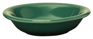 The Fiesta Fruit Bowl 6 OZ in jade features a glossy, dark green ceramic design with a wide rim. Microwave safe, this stylish and functional bowl is displayed against a white background.