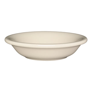 The Fiesta Fruit Bowl 6 OZ in Linen is a round, off-white ceramic bowl with a wide rim and shallow depth, crafted from microwave safe and lead-safe china, shown against a white background.