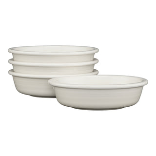 The Fiesta White Classic Rim 6 7/8 Inch Cereal Bowl 19 OZ set includes four glossy, lead-safe ceramic bowls with smooth, rounded edges—perfect for everyday use and elegant stacking.