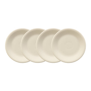 Four cream-colored Fiesta Linen 7 1/4" Classic Rim Salad Plates are arranged on a white background, highlighting this durable set of four that’s perfect for any table.