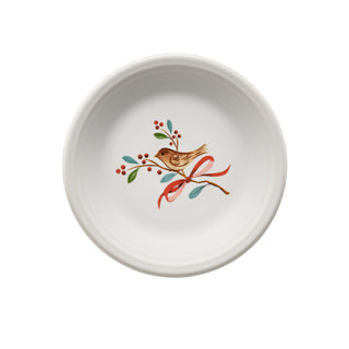 The Fiesta Retired Holly Berry Christmas Classic Rim 7 1/4 Inch Salad Plate features a brown bird on a branch with green leaves, red berries, and a red ribbon. This lead-safe ceramic plate is proudly made in the USA.