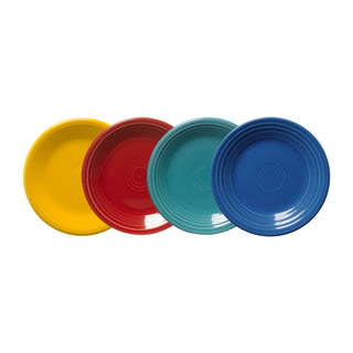 The Fiesta Mixed Vibrant Classic Rim 7 1/4 Inch Salad Plate Set of 4 features colorful plates in yellow, red, turquoise, and blue, each with a simple ridged edge for timeless style.