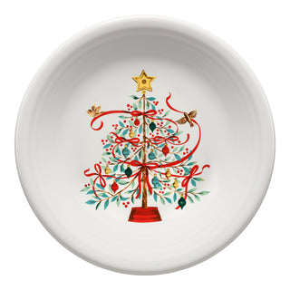 The Fiesta Holly Berry Christmas Tree Classic Rim 7 1/4-Inch Salad Plate features a festive tree with red ribbons, green leaves, ornaments, a gold star topper, and two birds—perfect for holiday dining.