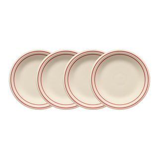The Fiesta Americana Scarlet Band Set of 4 Classic Rim 7¼-Inch Salad Plates features cream plates with two red rings by the rim, arranged overlapped on white. Made in the USA, they add timeless style to any table.