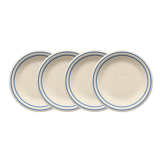 Four cream-colored 7 1/4-inch Fiesta Americana Lapis Band Classic Rim Salad Plates, set of 4, are arranged in an overlapping diagonal line on a white background.