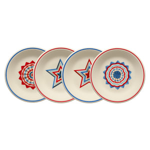 The Fiesta Americana Set of 4 Classic Rim 7 1/4 Inch Salad Plates features cream plates with red and blue patriotic starburst and star designs, each with a unique pattern—a charming addition to your Americana dinnerware collection.