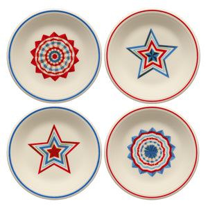 The Fiesta Americana Set of 4 Classic Rim 7 1/4 Inch Salad Plates features patriotic red, white, and blue star and starburst designs—perfect bold, festive dinnerware for your celebrations.
