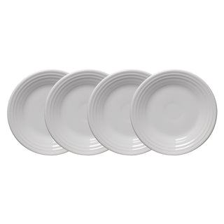 Set of 4 Fiesta White Classic Rim 9 Inch Luncheon Plates, each with a simple concentric circle design, stacked side by side against a white background. Made in the USA.