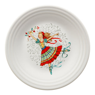 The Fiesta Nutcracker Ballerina Classic Rim 9 Inch Luncheon Plate features a colorful ballerina in a red and green dress holding a branch with red berries, set against festive swirls and musical notes on a white background.