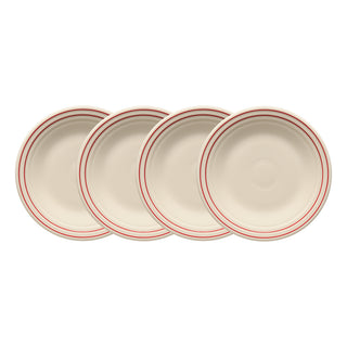 Four Fiesta Americana Scarlet Band 9-inch classic rim luncheon plates, featuring two red bands, are arranged in a slightly overlapping row on a white background. Made in the USA. Set of 4.