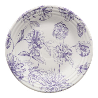 The Fiesta Botanical Floral Lavender Classic Rim 9 Inch Luncheon Plate showcases detailed purple botanical floral and leaf designs on white ceramic—an elegant addition to your dinnerware collection.