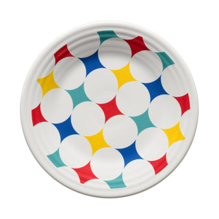 Add a pop of contemporary color to your table with the Fiesta Vibrant Kaleido Circles Classic Rim 9 Inch Luncheon Plate. Featuring a white ceramic base adorned with an eye-catching geometric pattern of overlapping blue, red, yellow, and teal shapes in a repeating circular design, this plate from Fiesta brings modern style and vibrant flair to any meal.