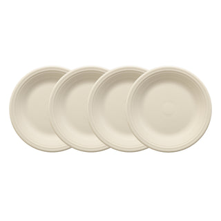 A set of four Fiesta Linen Classic Rim 10 1/2 Inch Dinner Plates are arranged in a slightly overlapping row on a white background.