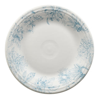 The Fiesta Botanical Floral Sky Classic Rim 10 1/2 Inch Dinner Plate features blue floral patterns along the rim on a white ceramic base. Classic USA-made dinnerware with a smooth, plain center.