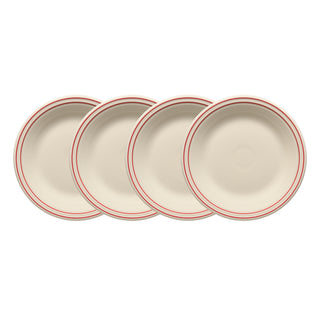 The Fiesta Americana Scarlet Band Set includes four 10 1/2-inch Classic Rim Dinner Plates with red double rings on cream, arranged in a slightly overlapping row. Made in the USA.