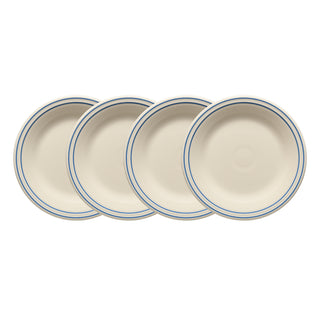 A set of four 10.5-inch Fiesta Americana Lapis Band dinner plates, featuring classic rims with double blue bands, are arranged overlapping on a white background. Made in the USA.